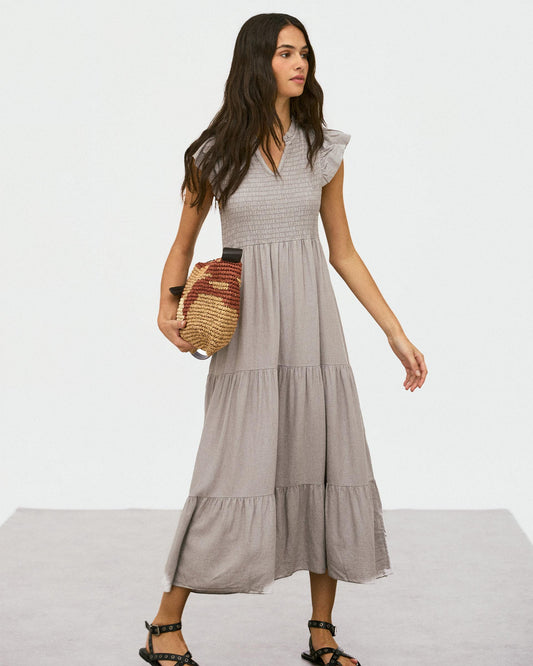 Vestido Largo Lino Nido De Abeja Taupe