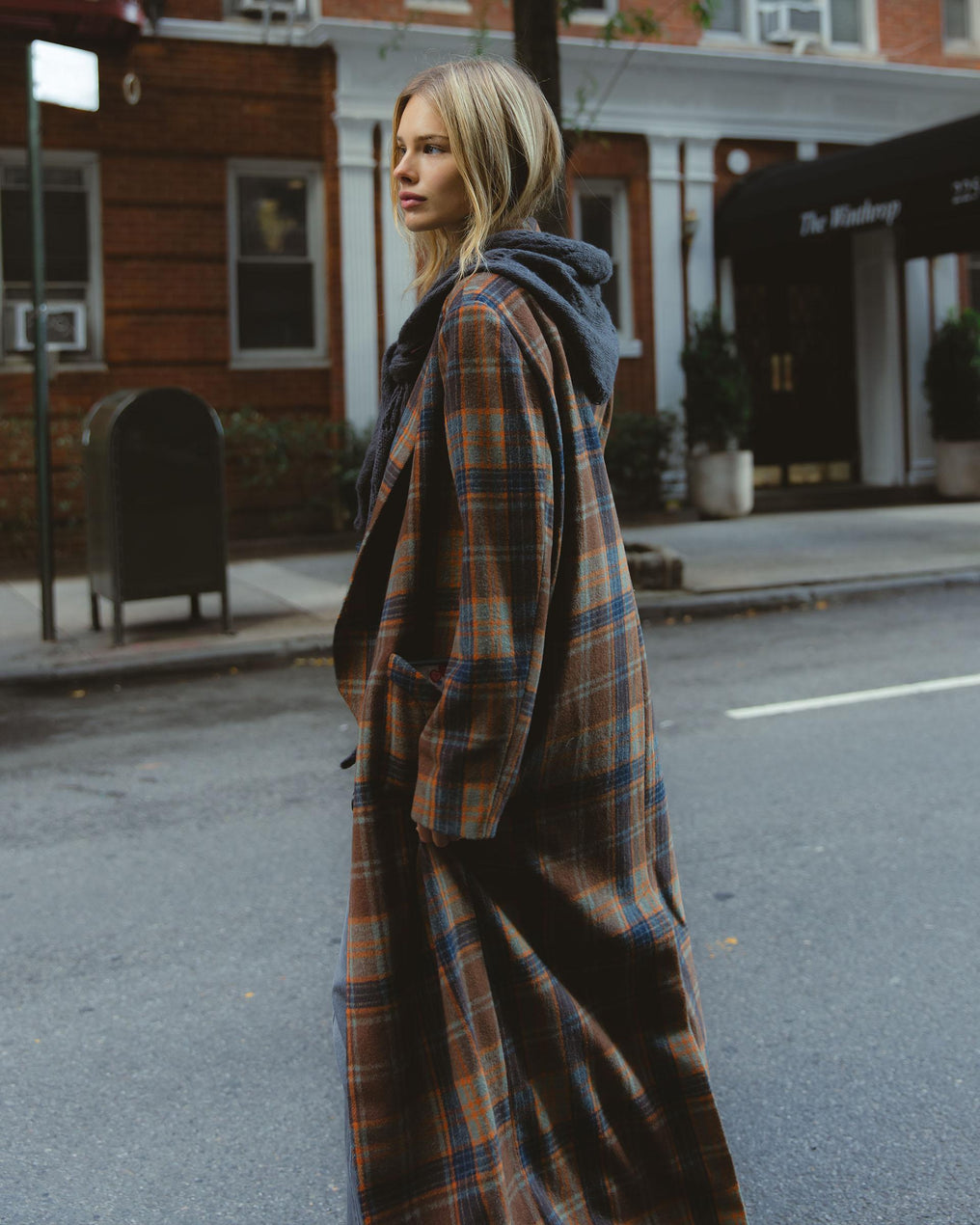 Long Coat with Lapel, Checkered Beige