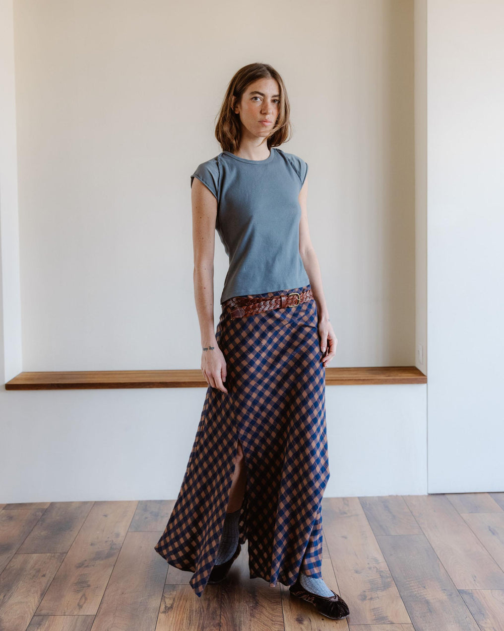 Falda Larga Cuadros Azul Marino