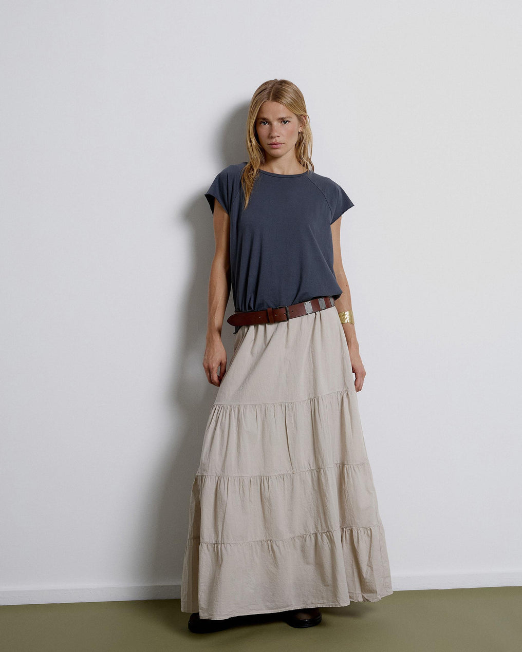Long Skirt with Ruffles and Beige Bow