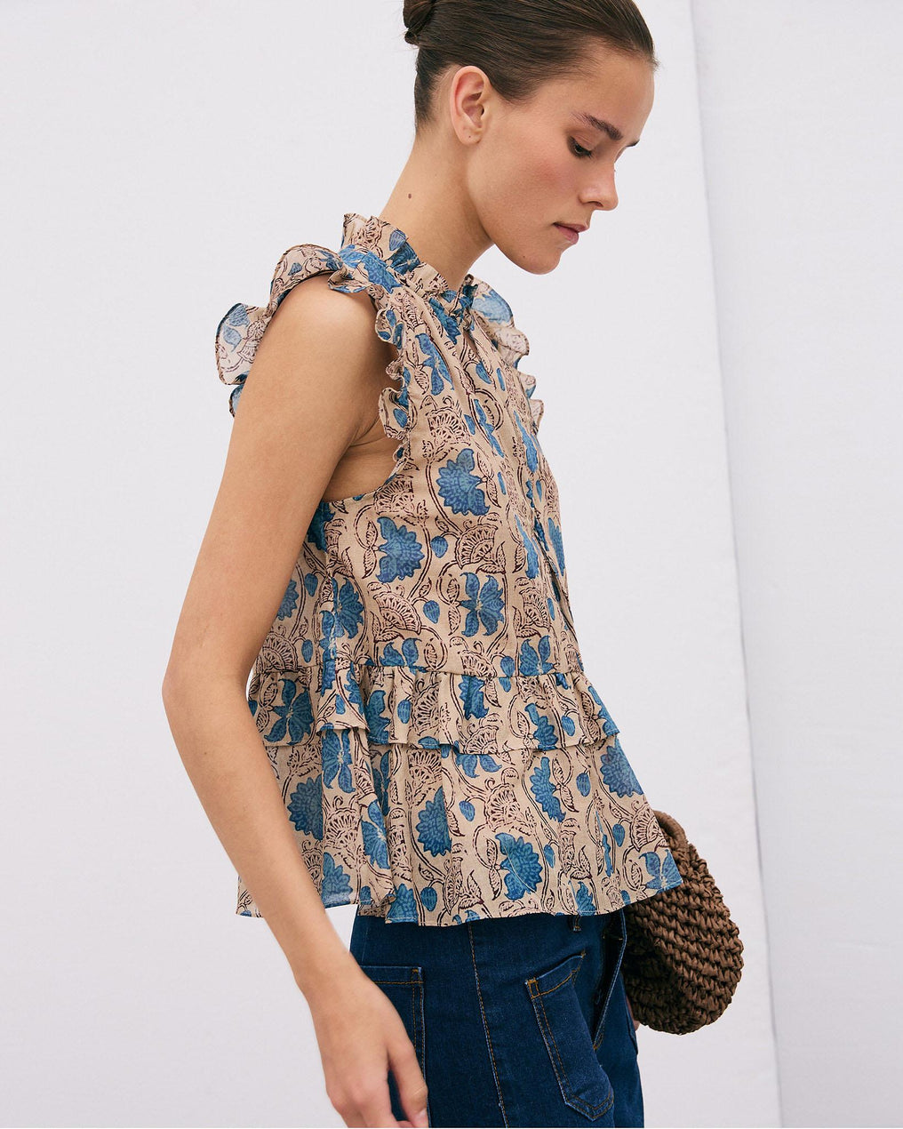 Blouse Ruffles Floral Print Beige