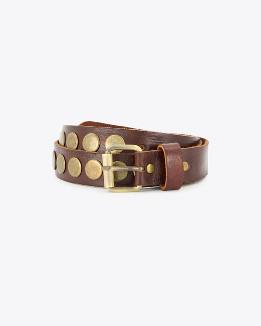 Brown Skinny Leather Belt with Round Studs