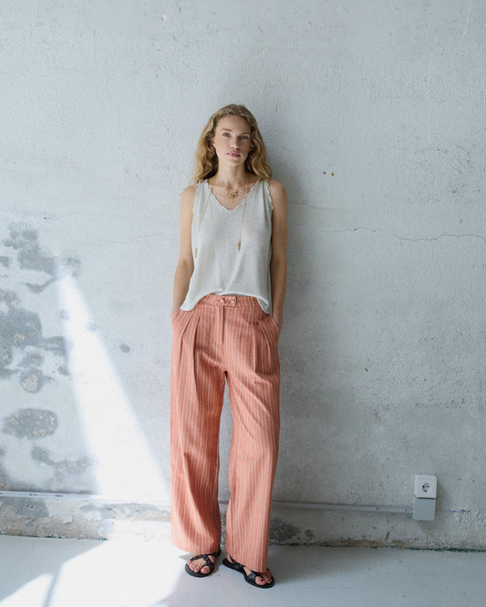 Orange Striped Wide-Leg Trousers with Darts