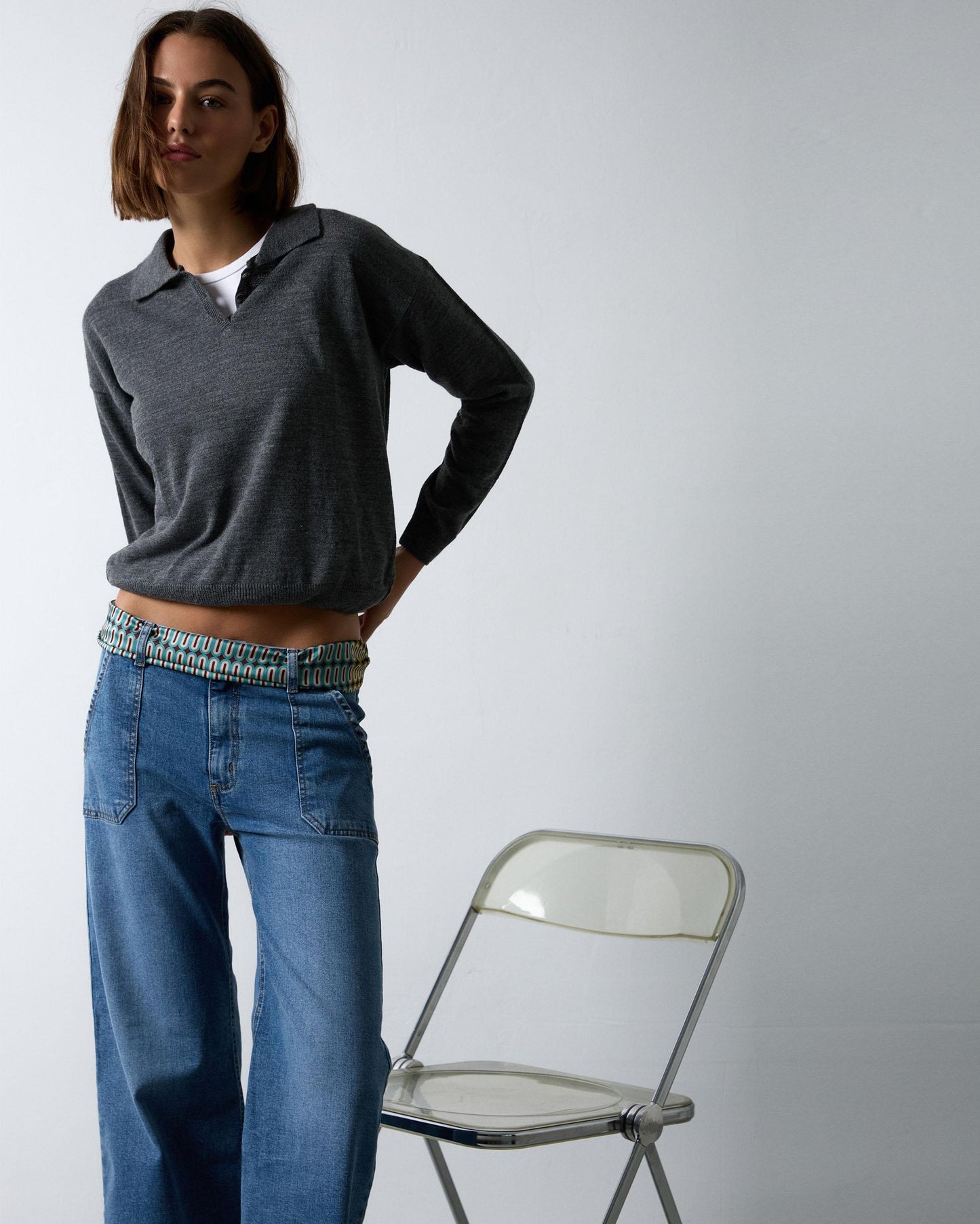 Camisola Polo Cinza de Malha Fina