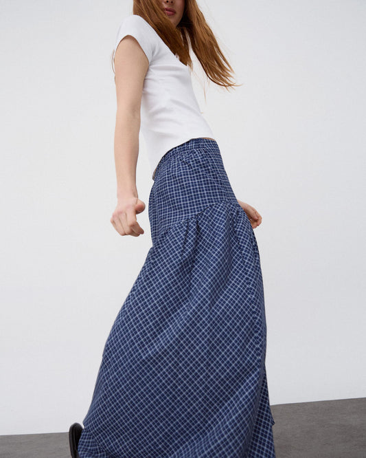 Falda Canesú Asimétrico Cuadros Azul Oscuro