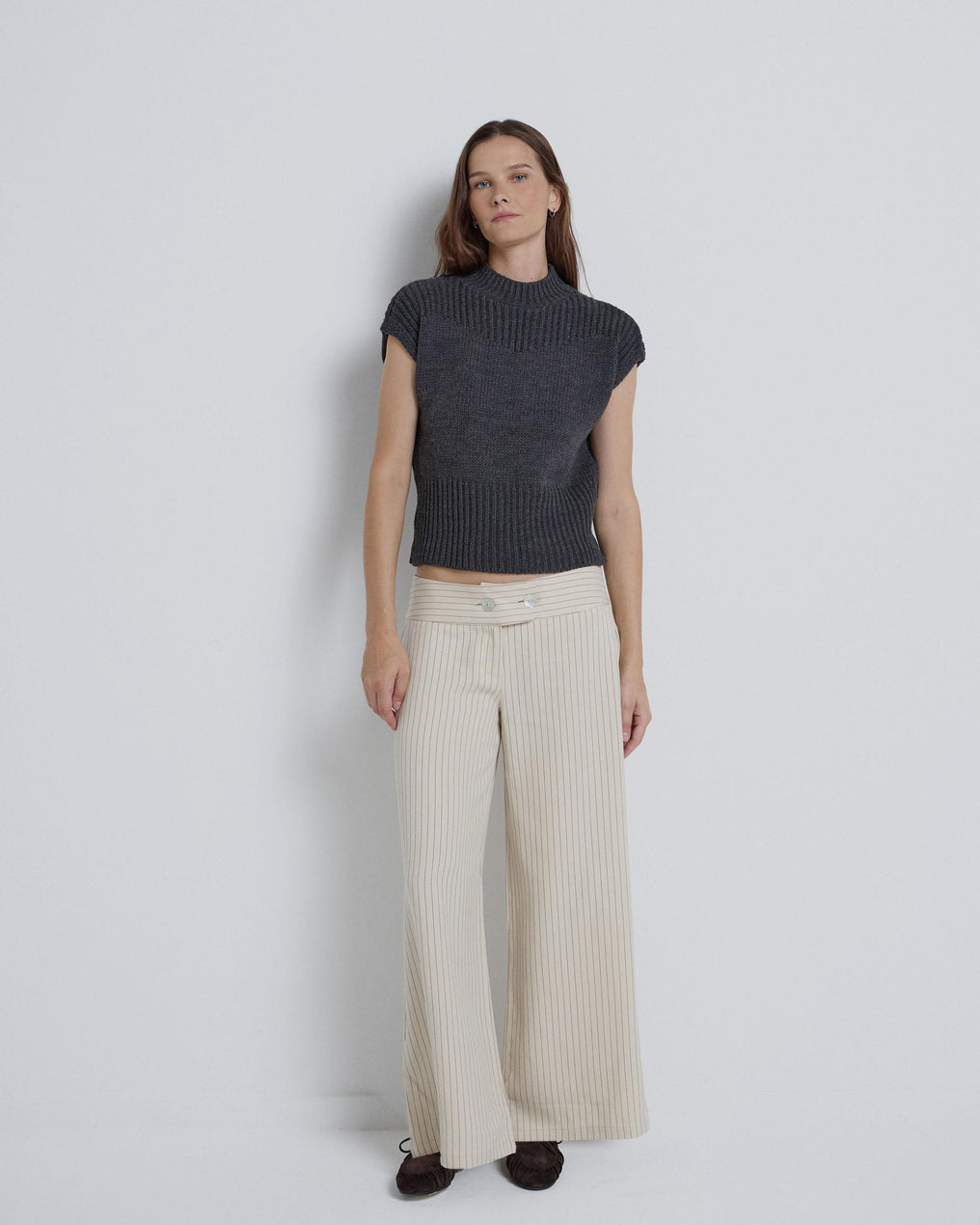 Double Button Striped Pants Ecru