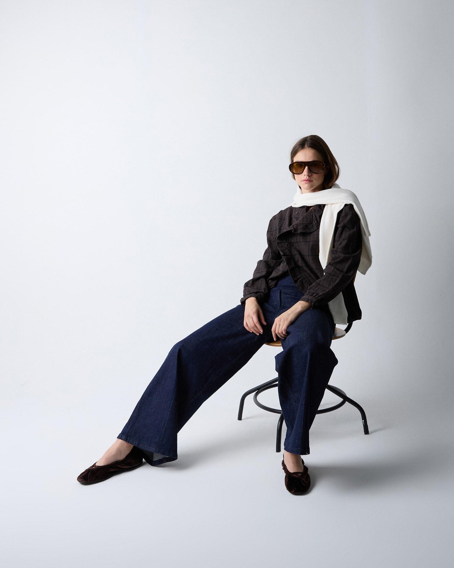 Blusa Volante Lateral Cuadros Marrón