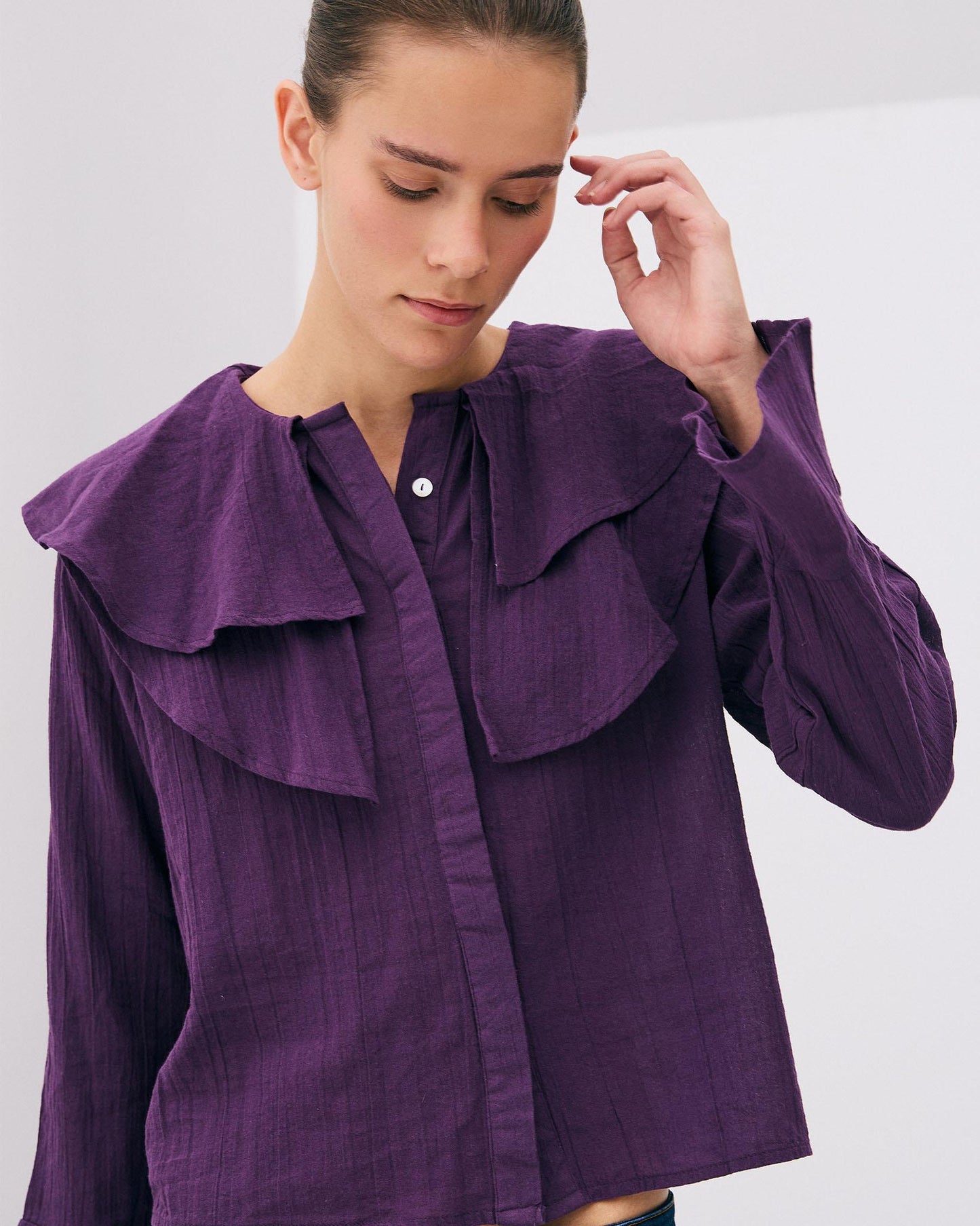 Purple Asymmetrical Ruffle Blouse