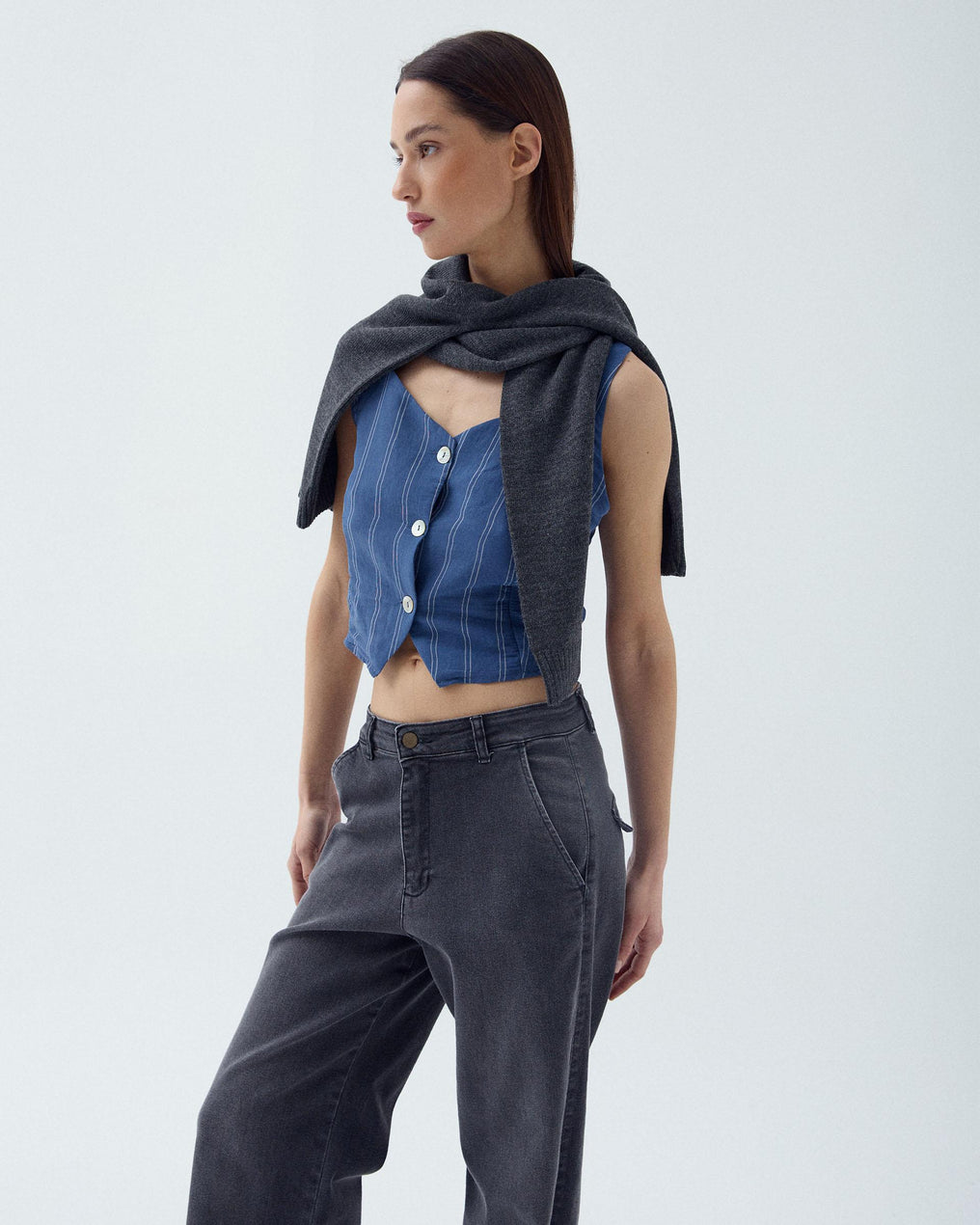 Top Botones Rayas Azul