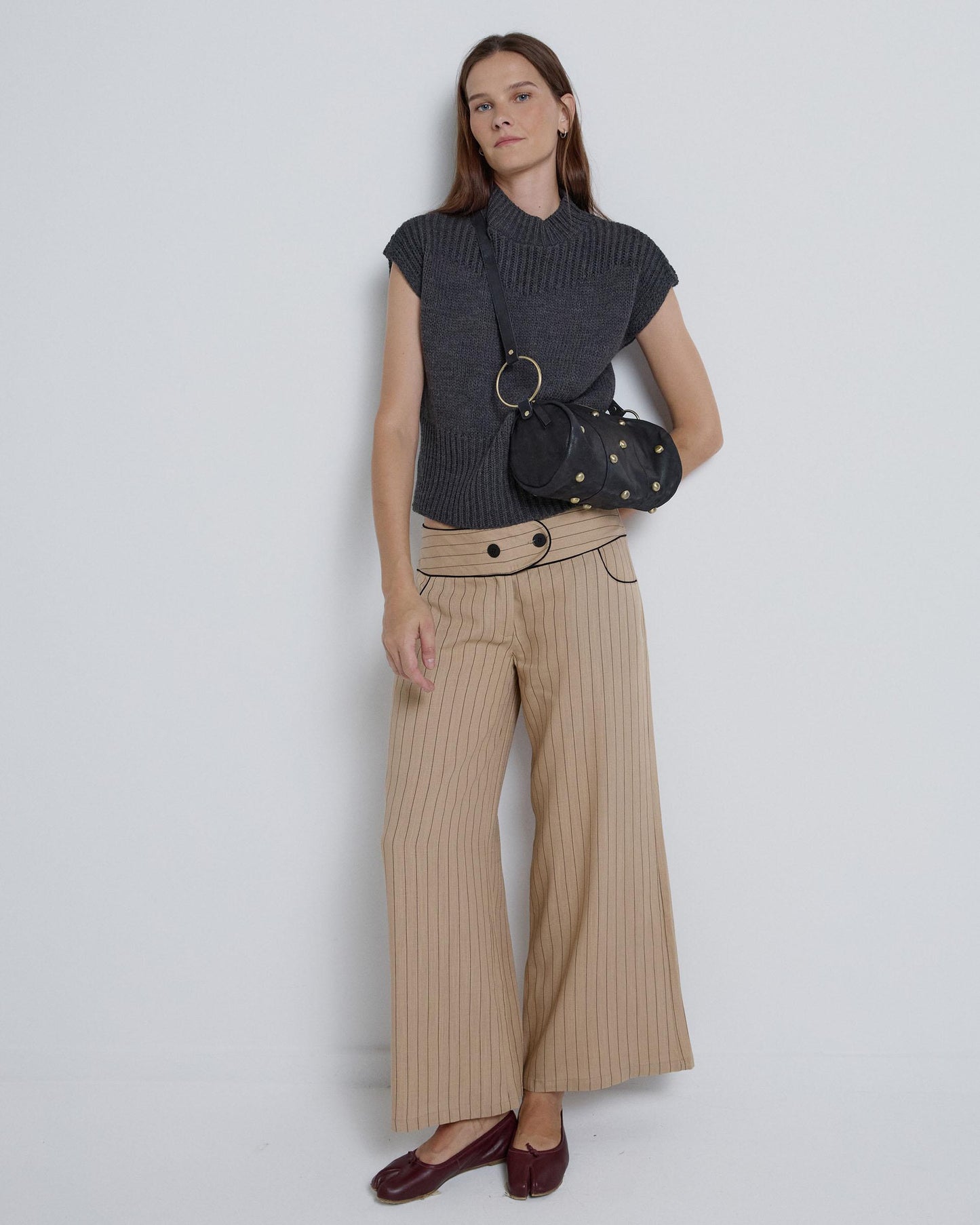 Striped Pants with Contrast Waistband in Camel