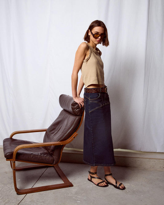 Falda Denim Costuras Azul Oscuro