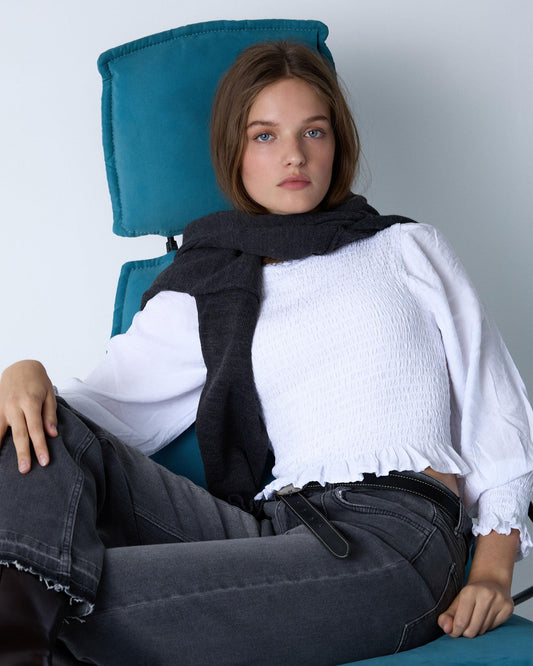 White Honeycomb Blouse with Ruffled Neck