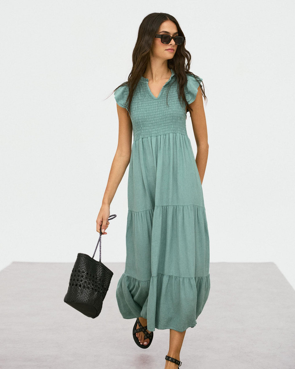 Vestido Largo Lino Nido De Abeja Verde Agua