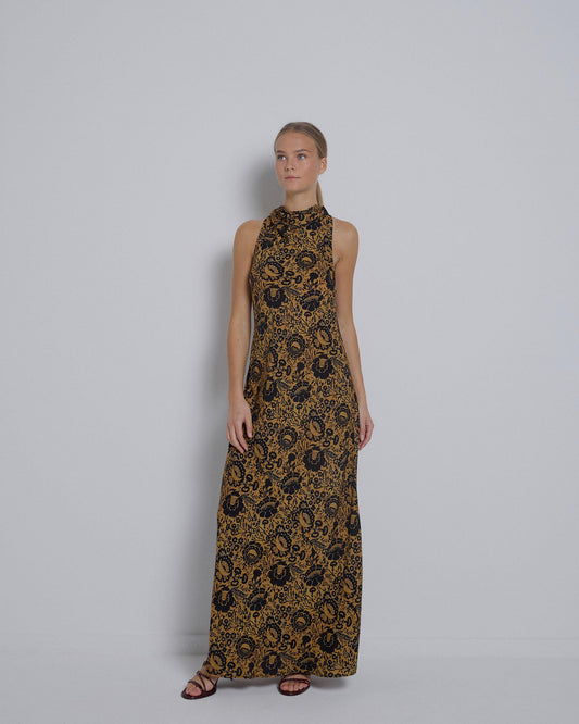 Vestido Largo Fluido Estampado Mostaza