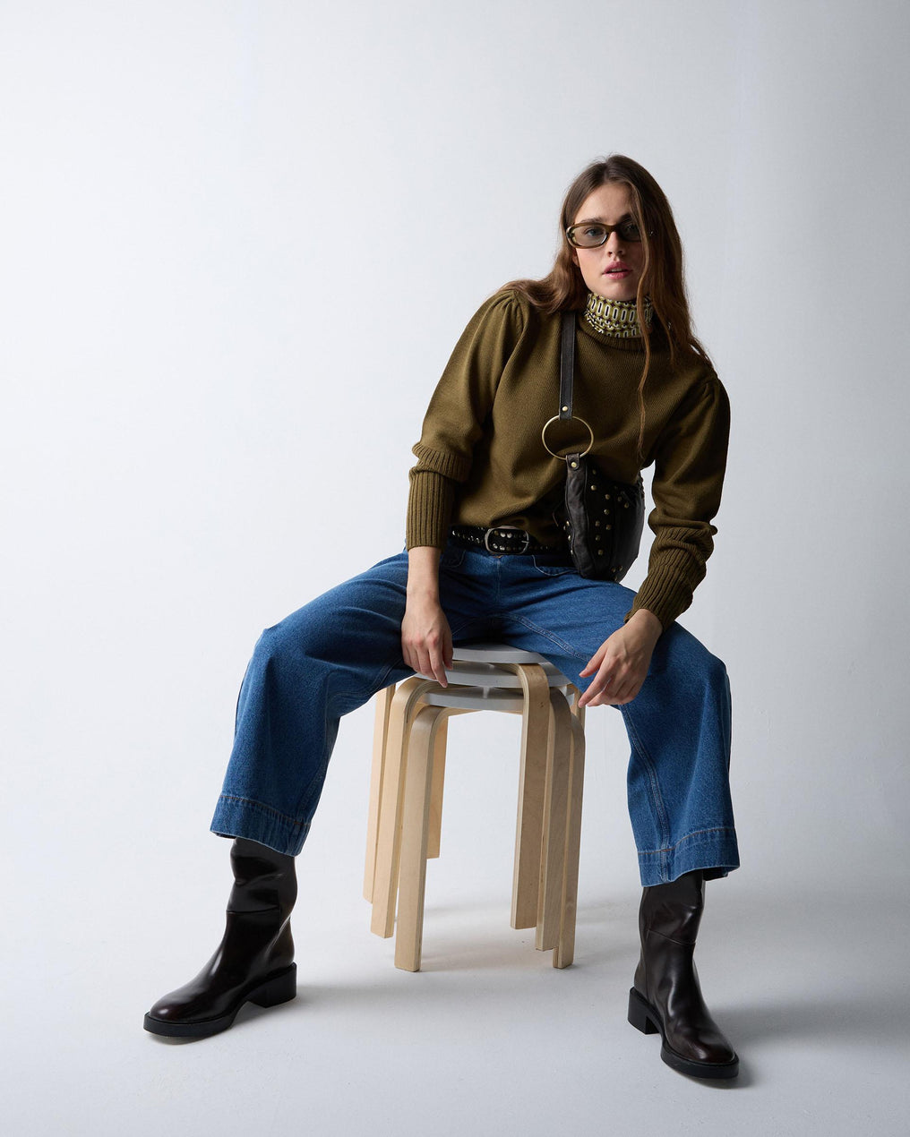 Jersey Pliegues Hombros Rib Mangas Kaki