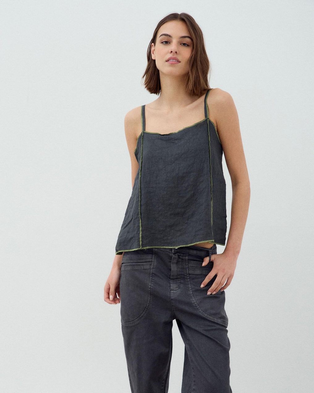 Anthracite Contrast Stitching Linen Camisole