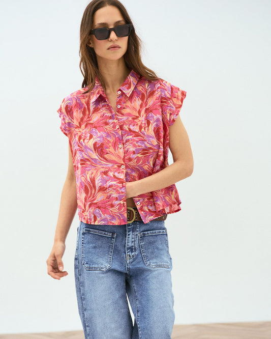 Sleeveless Shirt with Pleats, Fuchsia Floral Print