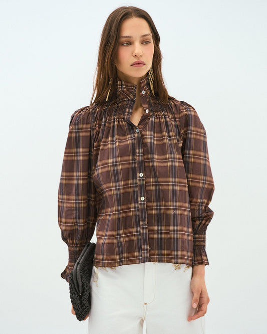 Brown Checkered Collar Honeycomb Blouse