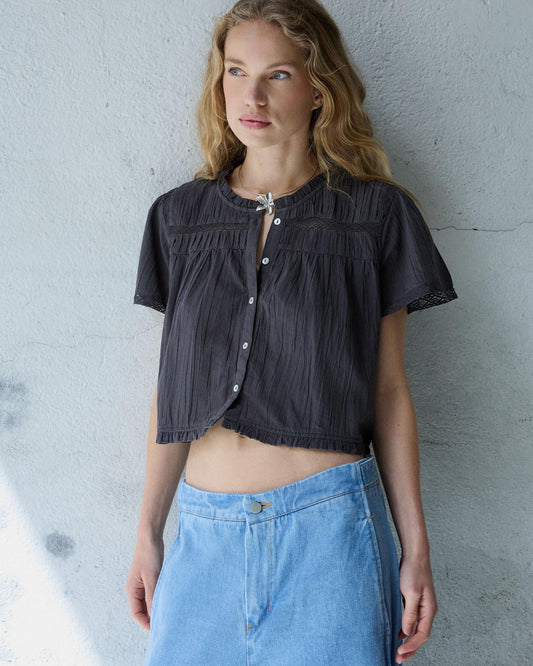 Blusa Manga Corta Puntillas Antracita