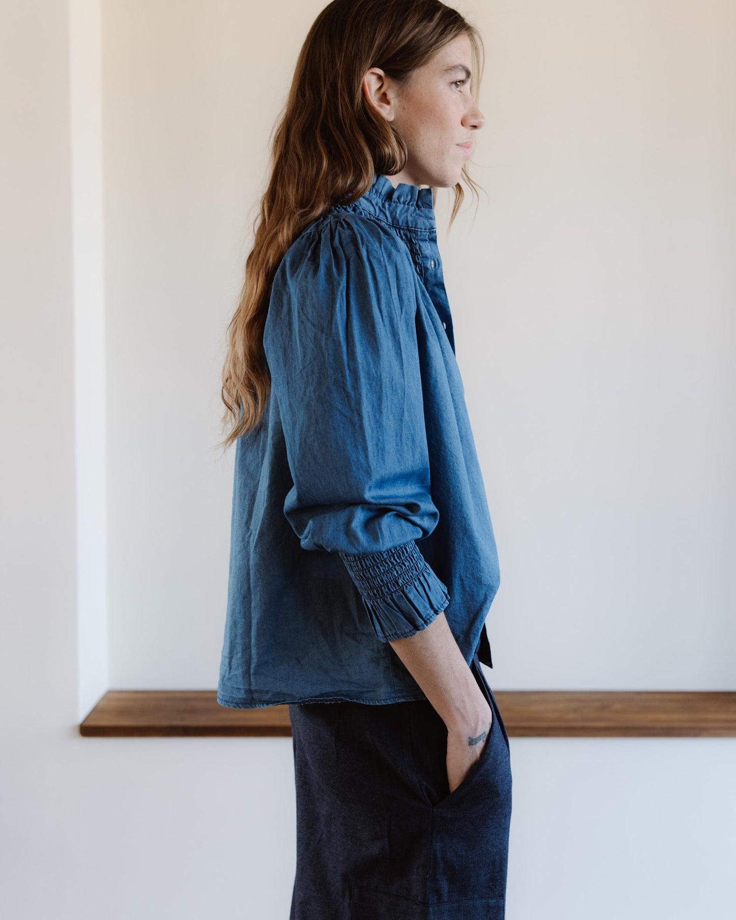 Blusa Cuello Alto Tipo Denim Azul Jeans