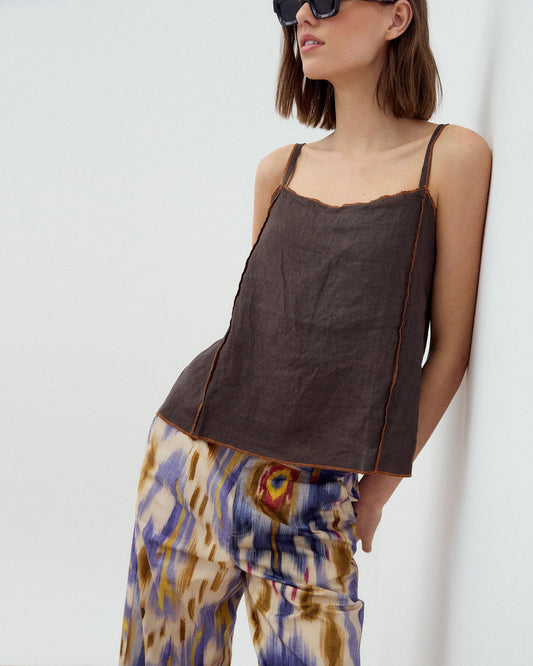 Brown Contrast Stitching Linen Cami Top