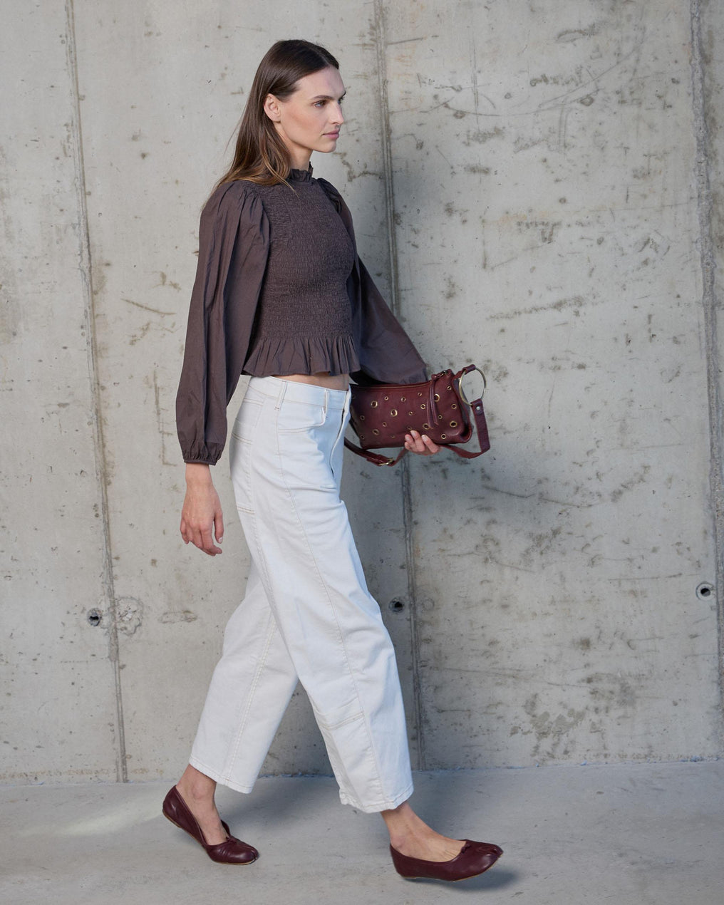 Brown Honeycomb Blouse with Puff Sleeves