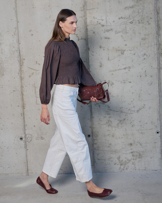 Brown Honeycomb Blouse with Puff Sleeves