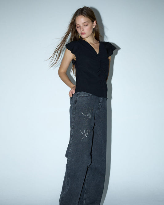 Black Beaded Embroidery Jeans