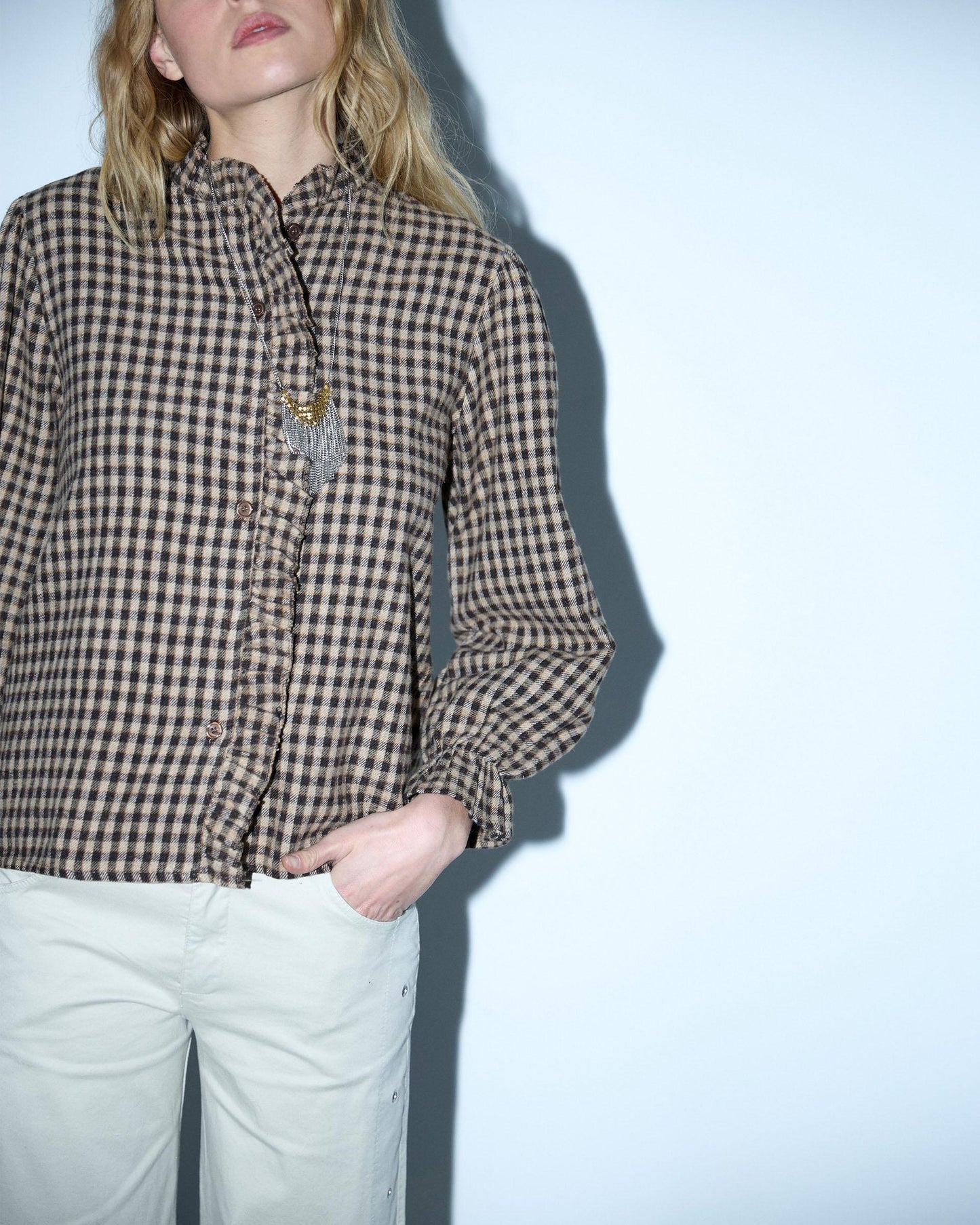 Plaid Blouse with Mandarin Collar and Ruffle, Brown
