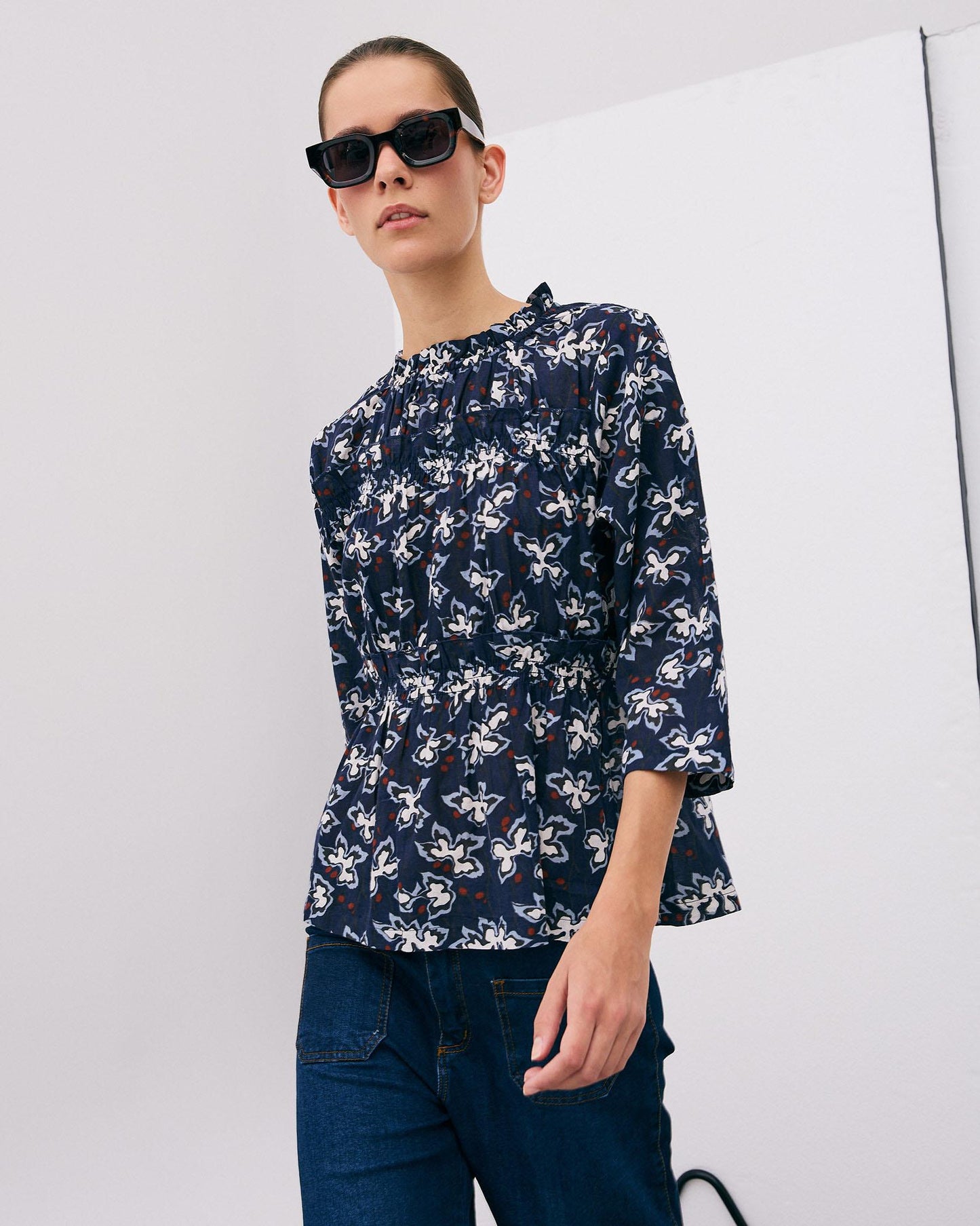 Navy Blue Floral Print Long Sleeve Blouse with Gathers
