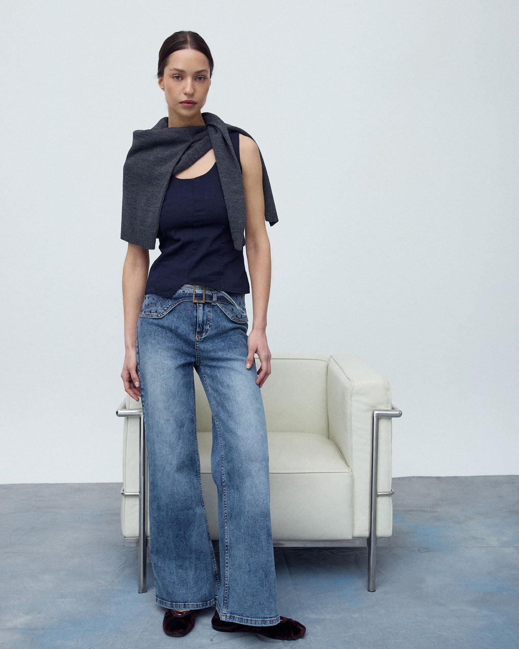 Jeans Cinturón Arandelas Azul