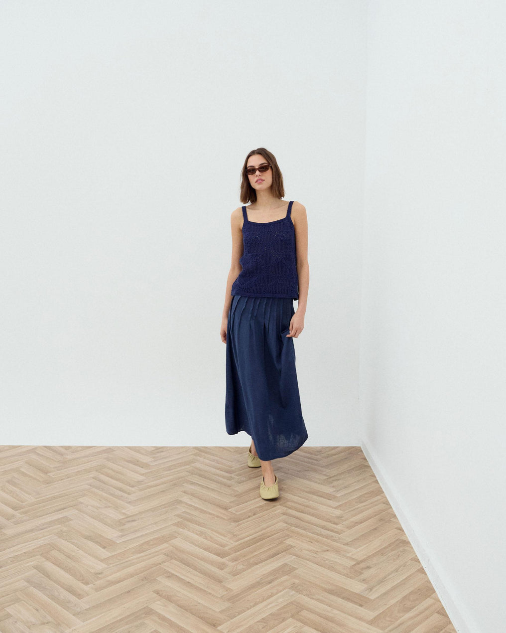 Navy Blue Linen Long Skirt with Pintucks