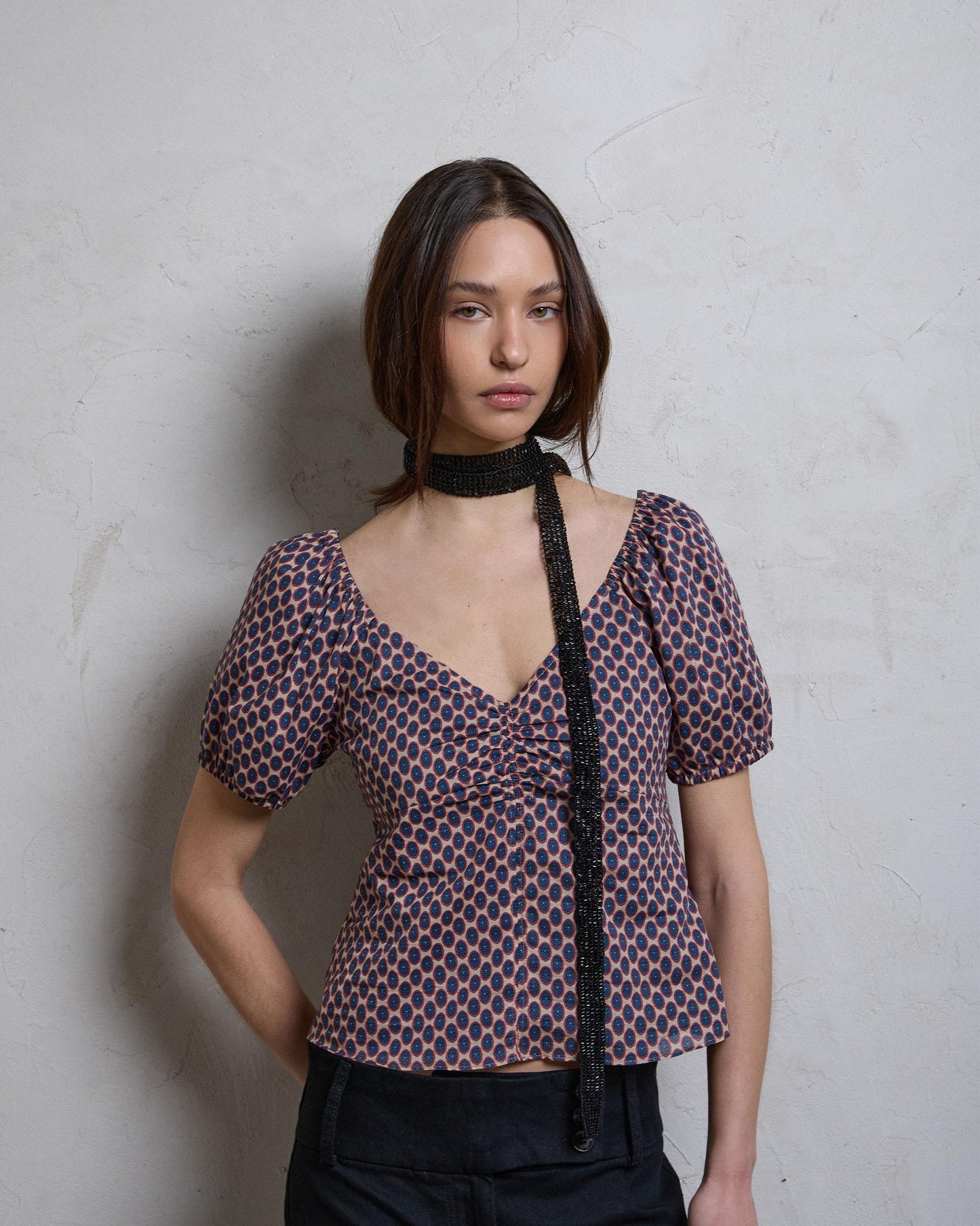 Top Fruncido Escote Manga Corta Multicolor