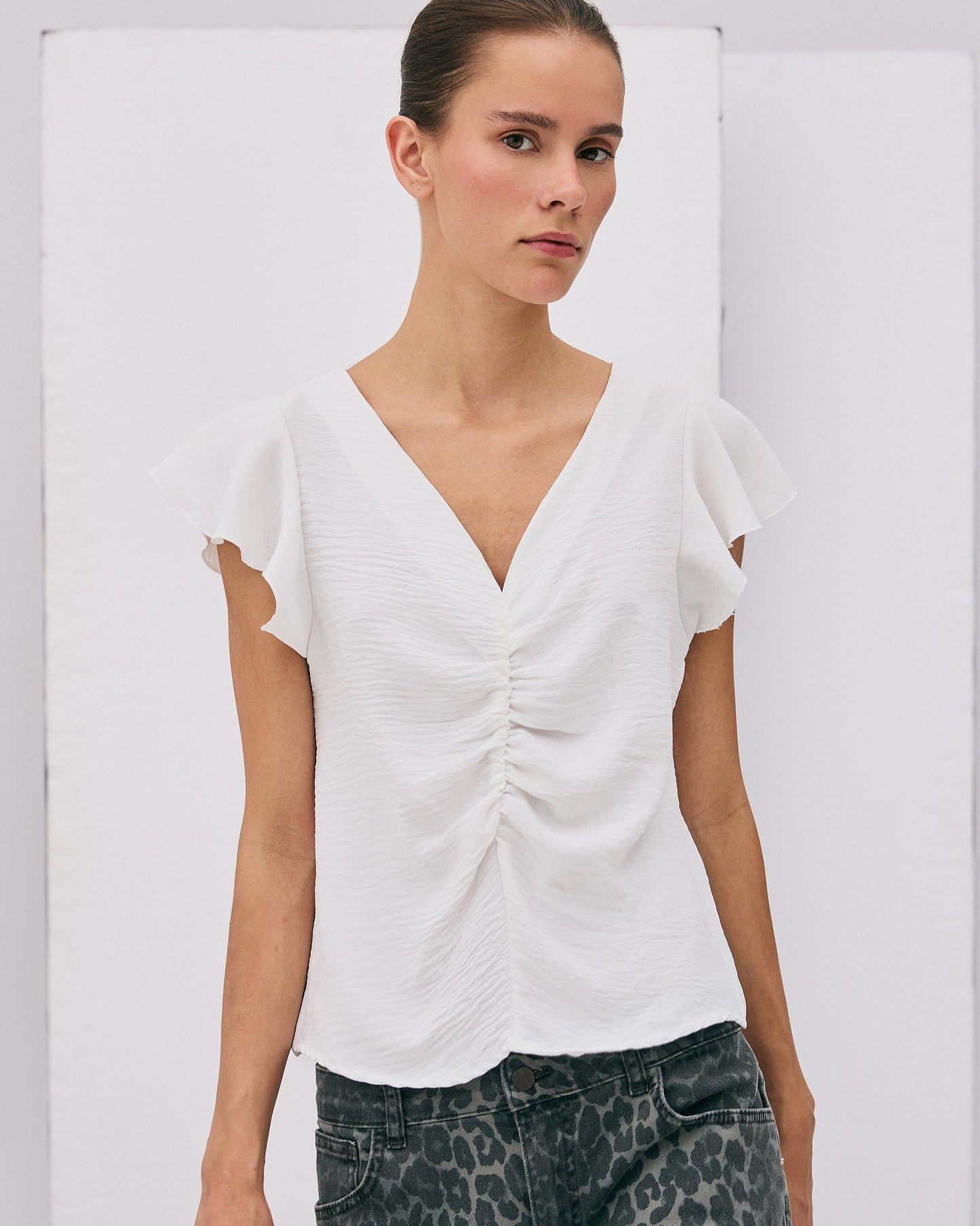 Blusa Manga Corta Frunce Blanca
