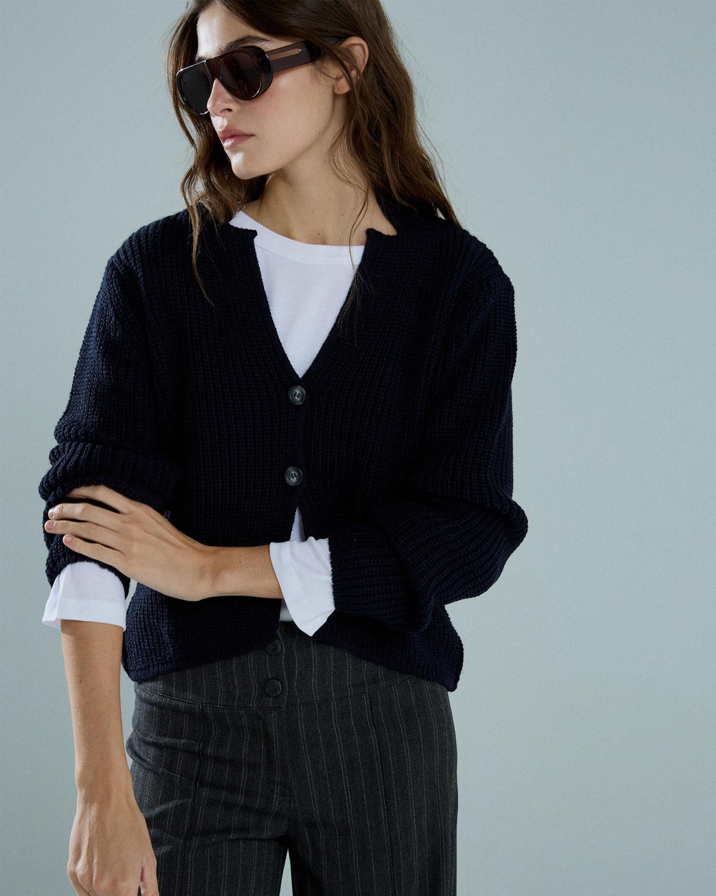 Chaqueta Abierta Botones Azul Oscuro