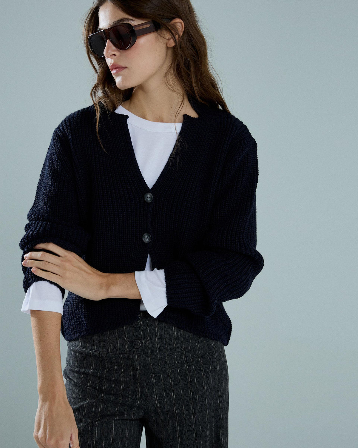 Chaqueta Abierta Botones Azul Oscuro