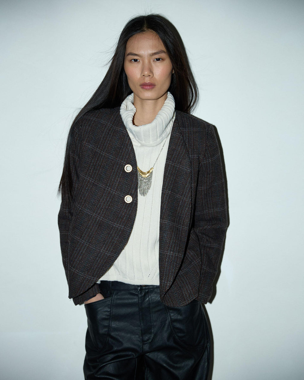 Abrigo Botones Anillas Mezcla Lana Marrón