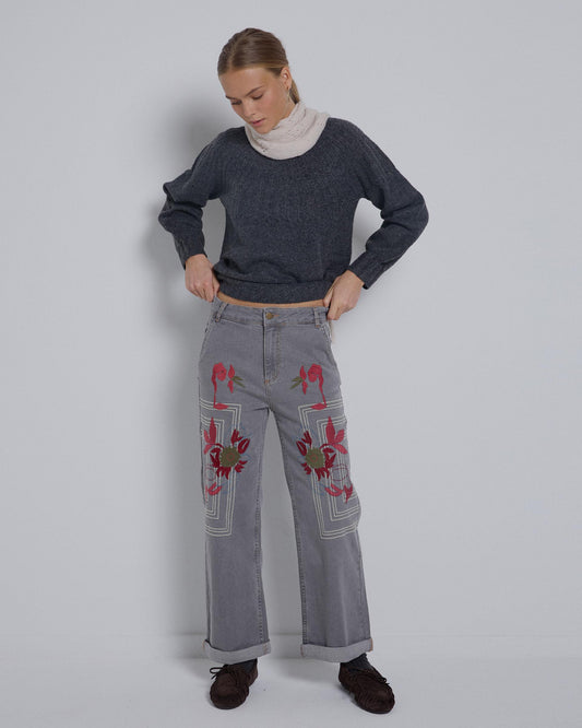 Embroidered Jeans with Flowers and Squares in Gray