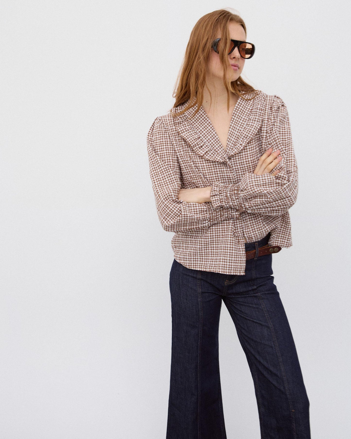 Blusa Folho Gola Vichy Castanho