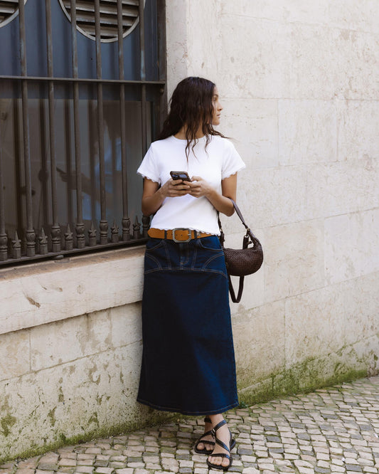 Saia Denim Costuras Azul Escuro