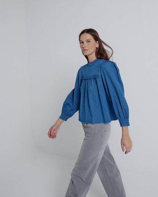 Blusa Tencel Canesú Azul Oscuro