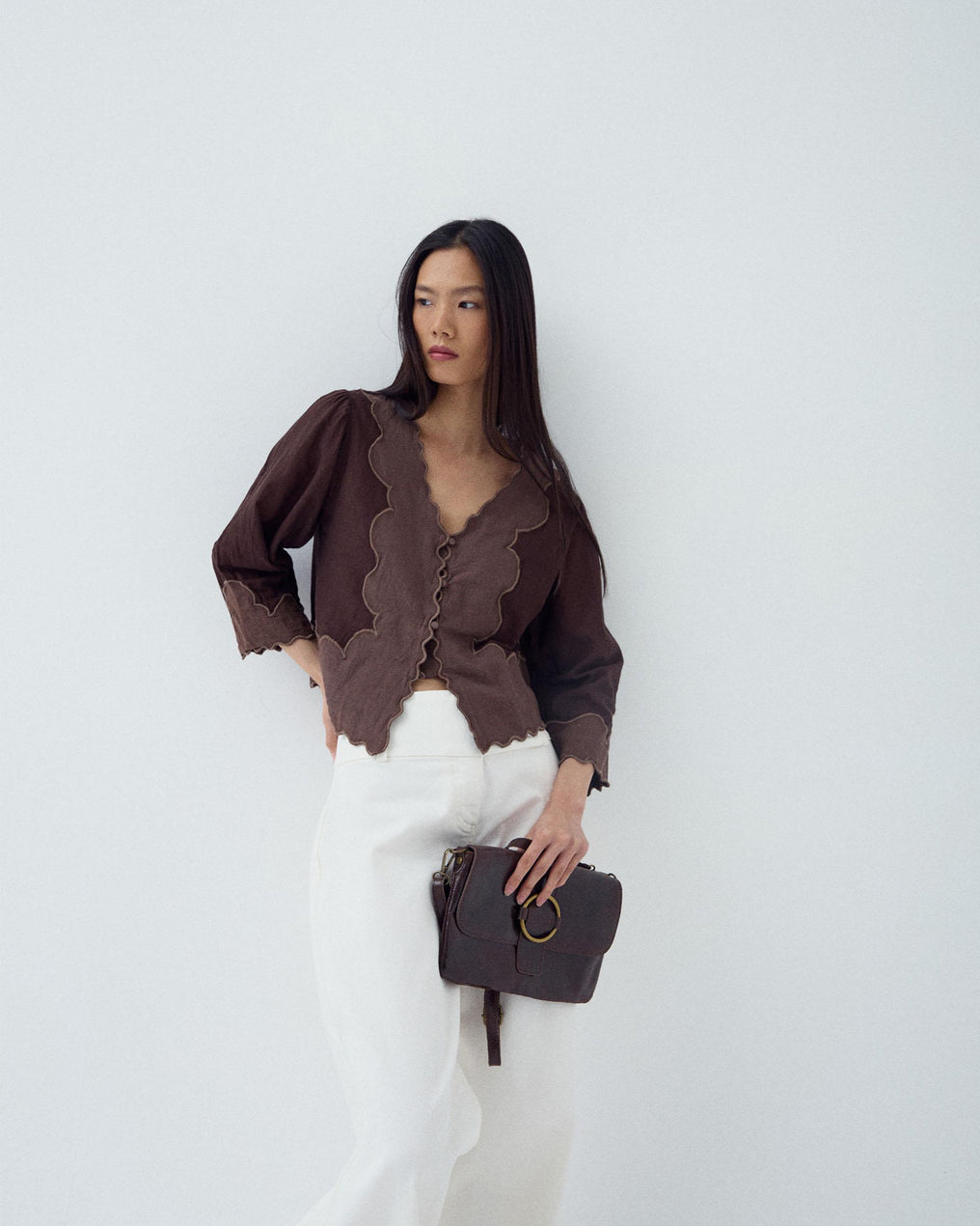 Blusa Manga Francesa Contraste Castanho