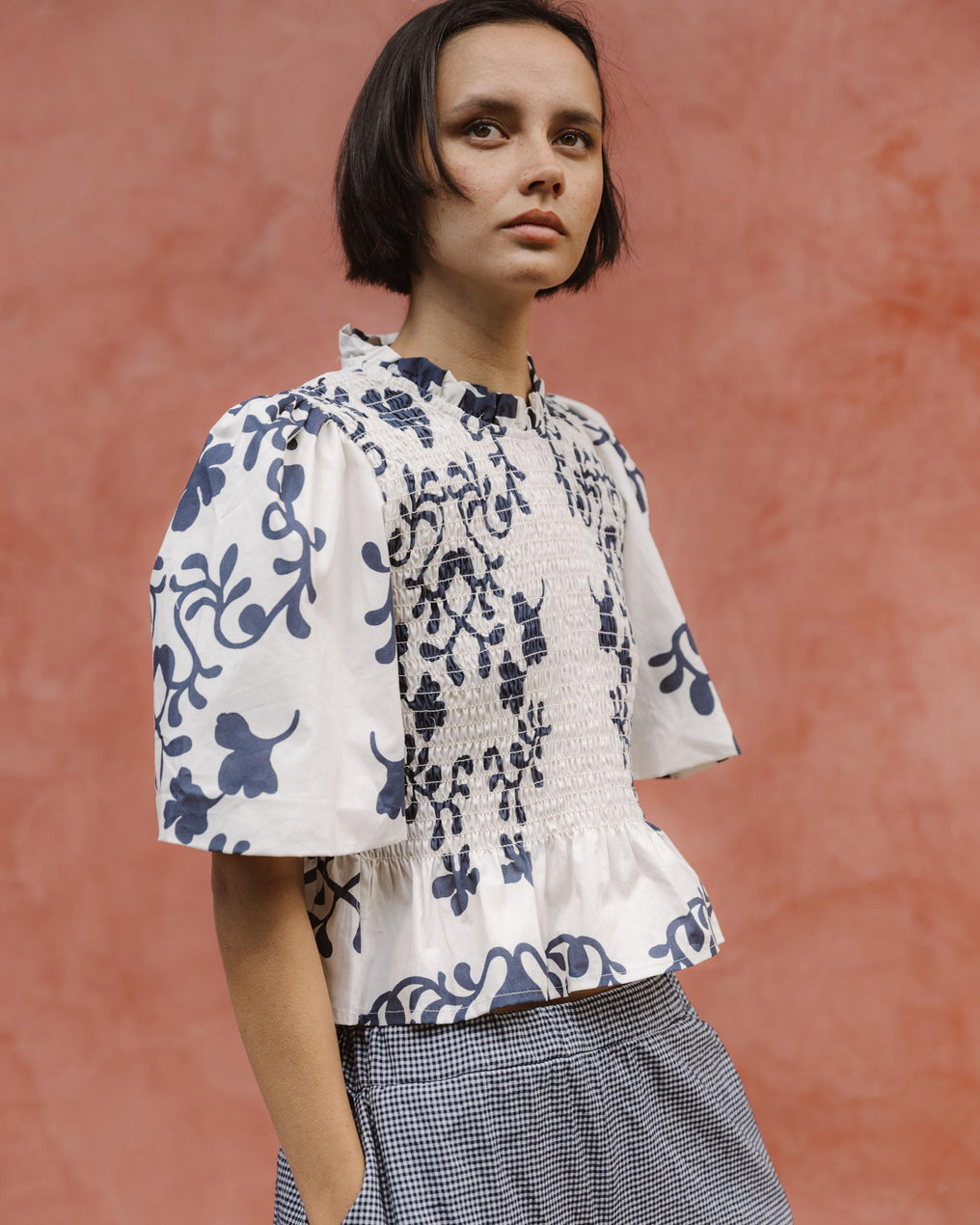 Top Nido De Abeja Manga Abullonada Estampado Blanco