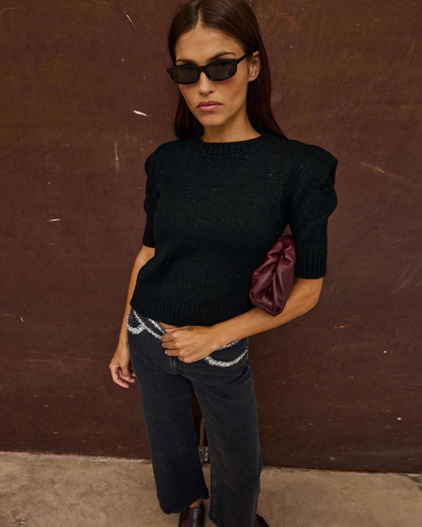 Top Punto Hombreras Lurex Negro