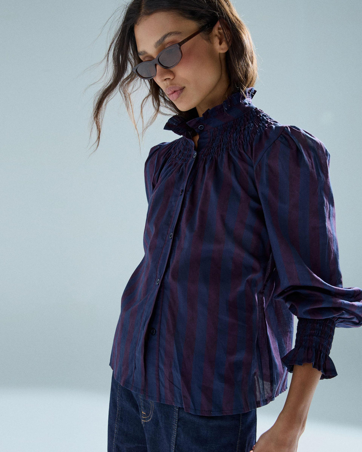Blusa Cuello Gomas Rayas Anchas Azul Oscuro