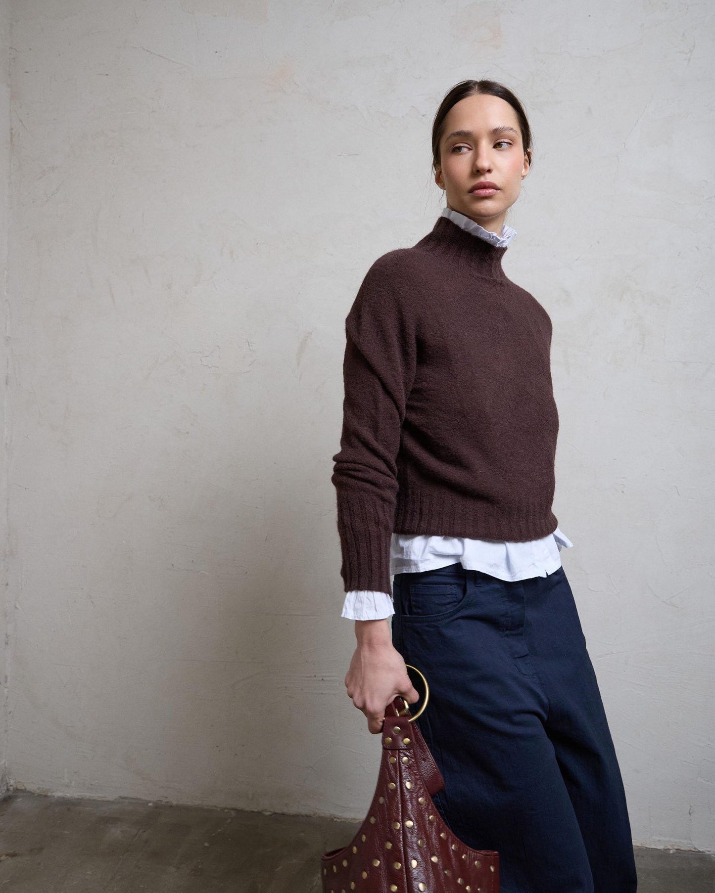 Jersey Cuello Alto Rib Marrón