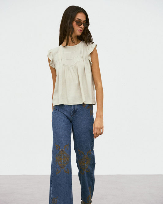 Blusa Volantes Mangas Beige
