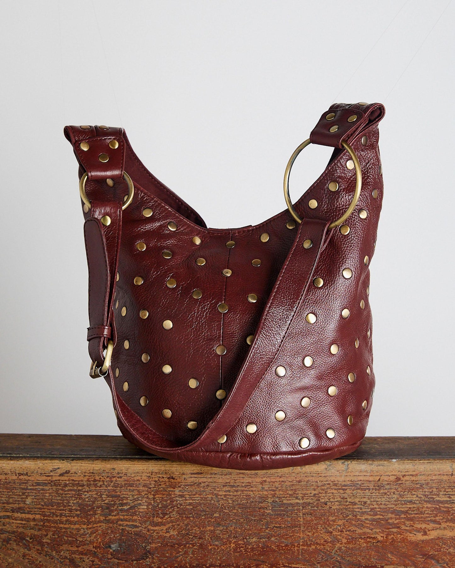Burgundy Studded Bucket Leather Bag