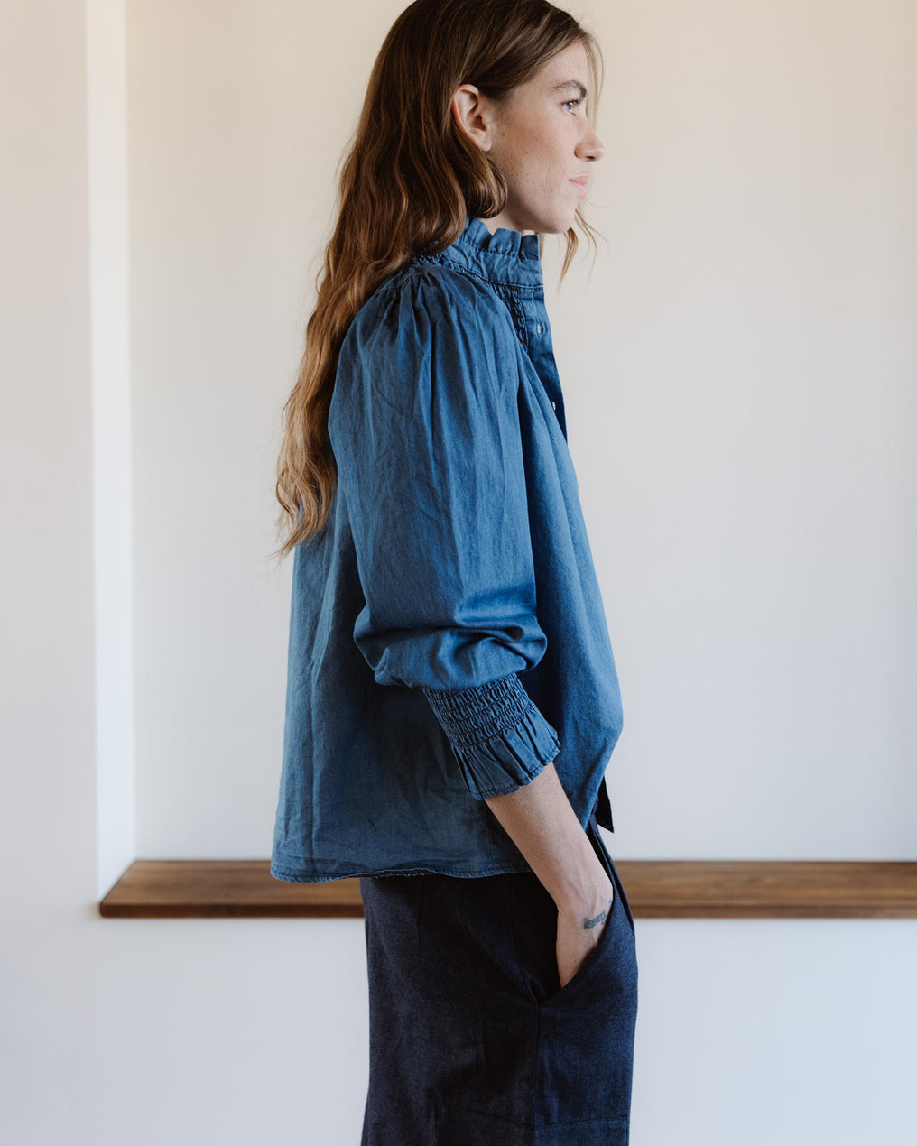 Blouse Col Montant Type Denim Bleu Jean