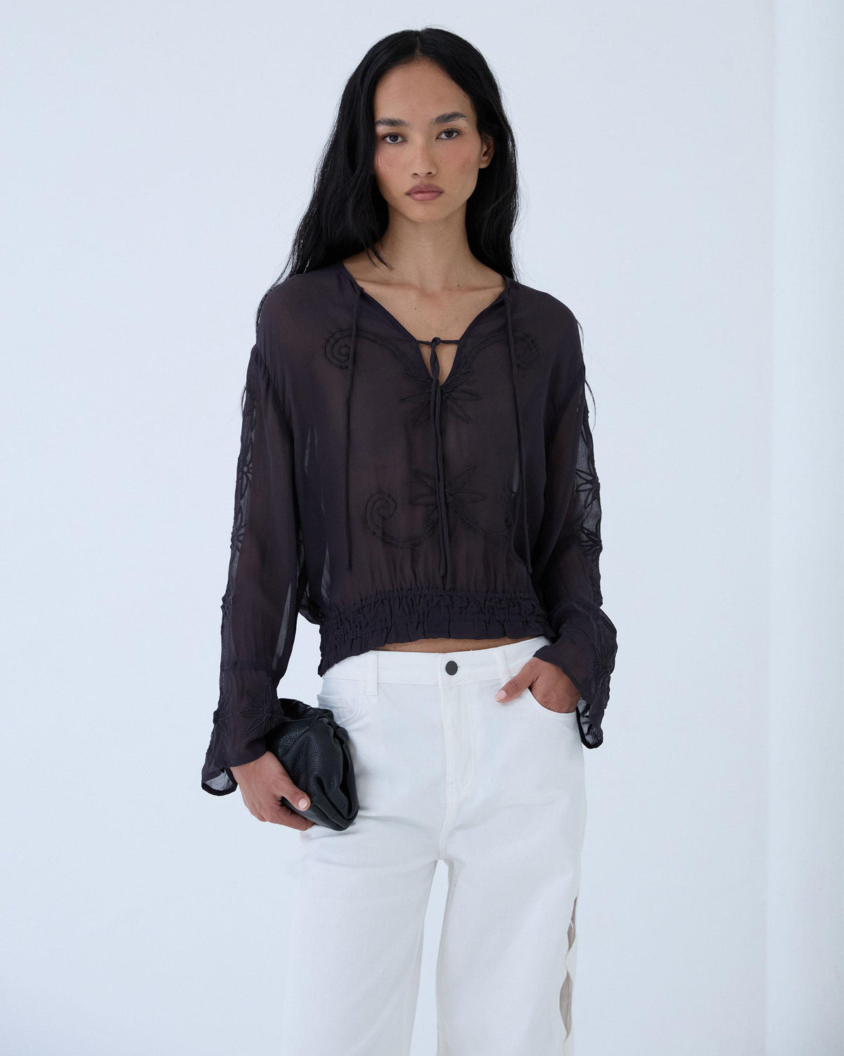 Anthracite Embroidered Blouse with Elasticated Hem